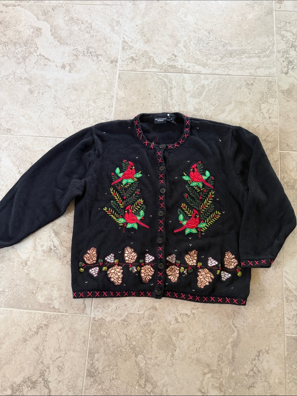 2X Christmas Black Cardigan with Red Cardinal Embroidery